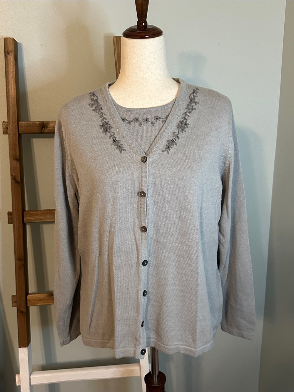 Venezia Light Gray Cardigan and Camisole Set with Embroidering Size 14-16